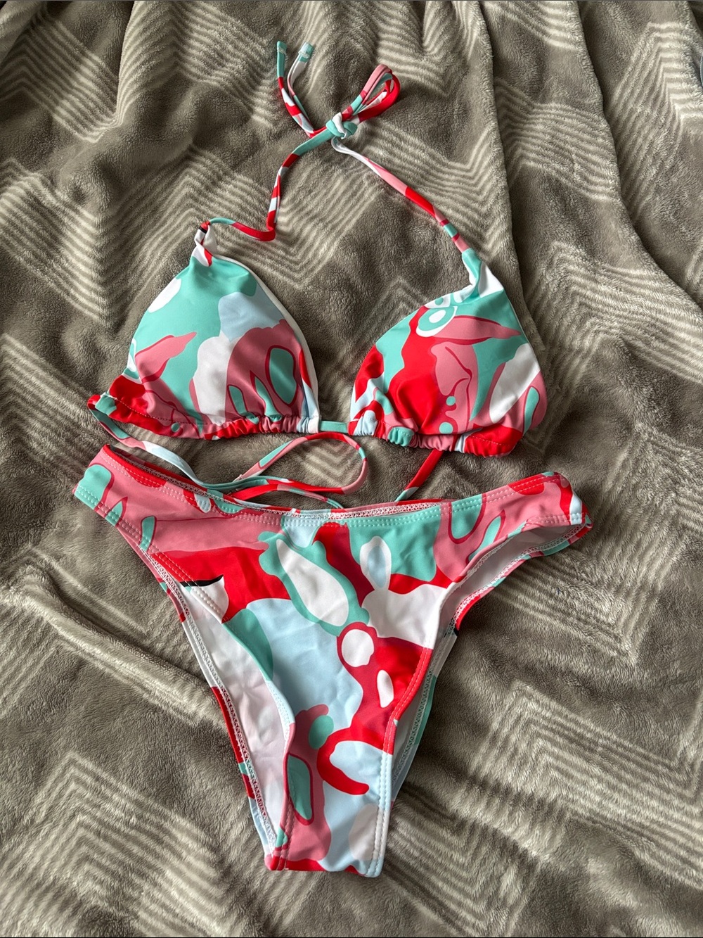 Vibrant Red & Coral Abstract Triangle Bikini Set